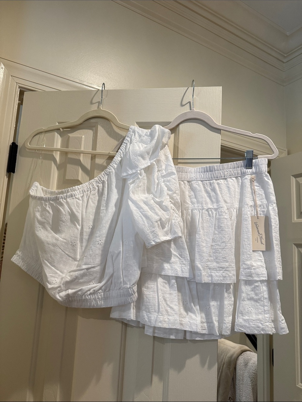 White Two-Piece Eyelet Set - Off-Shoulder Top & Tiered Skirt NWT